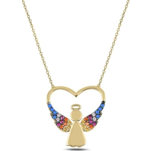 Silver 925 Sterling Heart & Angel Colorful Zircon Stone Necklace