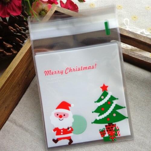 100pcs Plastic Bag Christmas Santa Claus and Christmas Tree Christmas Cellophane Food Bag Cute Biscuit Plastic Party Cake Bag