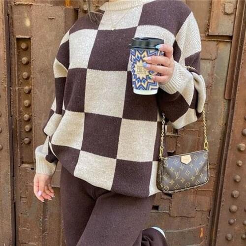 Casual O-Neck Womens Sweater Pullovers Long Sleeve Plaid Loose Color-Matching Knitwear 2021 Autumn Winter Sweaters Top Y2K