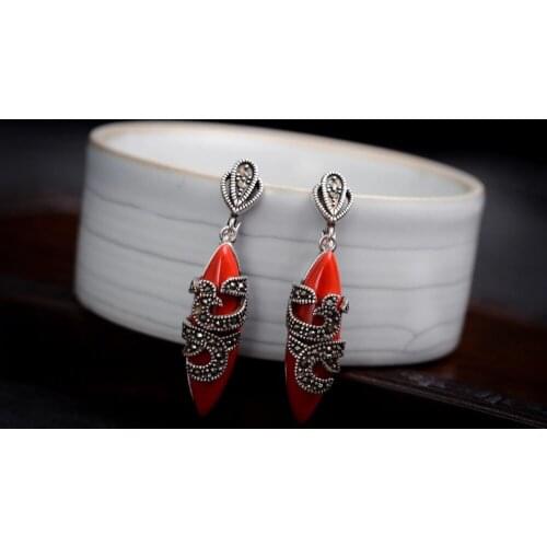 Natural Genuine 925 Sterling Red Crystal Art Style Marcasite Earrings Brincos Ohrringe Sterling Jewelry Earring