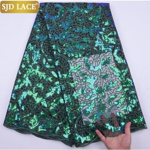 SJD LACE Green Sequined Unique Design French Lace Fabric 2021High Quality African Lace Fabric Sew Sequins Laces For WeddingA2180