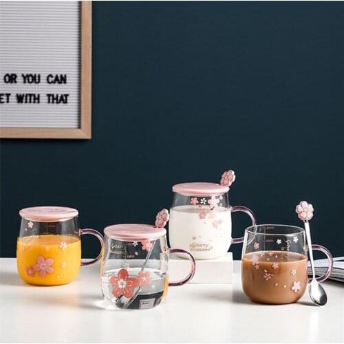 Japanese Flower Glass Water Bottle Creative Pink Cherry Blossom Glass Cup With Ceramic Cover For Women Girl Milk Drinking
