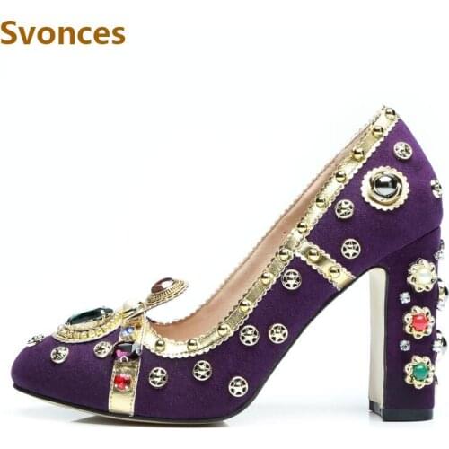 Thick Heel Pumps Woman Fashion Bling Purple Crystal Brand Shoes Kid Suede Party Dressing Shoes Woman Shallow High Heels Sandals