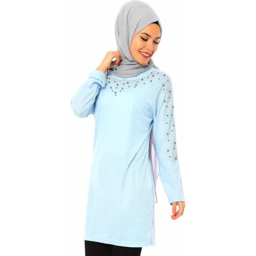 Female Bebe Blue Sleeves and Neckline Pearl Detailed Tunik 101022192116