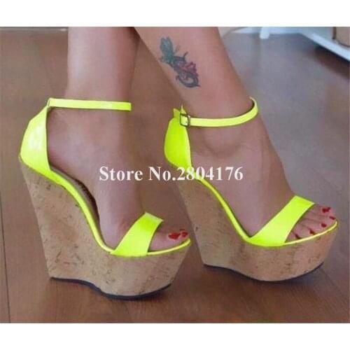 Women Fashion Open Toe High Platform Wedge Sandals Yellow PInk Ankle Strap Wedges Height Increased Formal Dress Heels Big Size