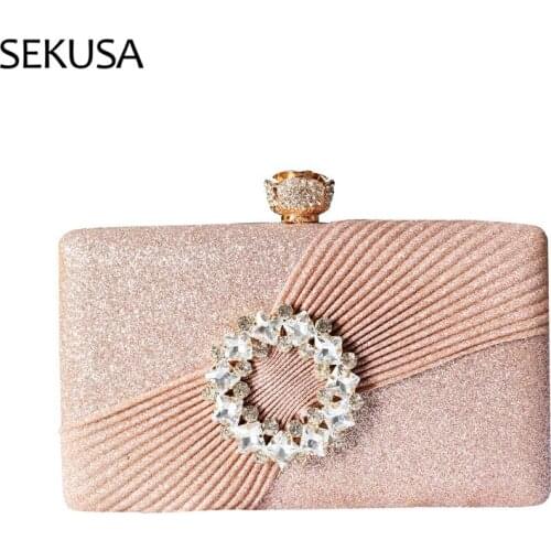 Ruched Women Evening Bags Diamonds Party Sequined Handbags With Chain Shoulder Day Clutch Metal Flower Purse
