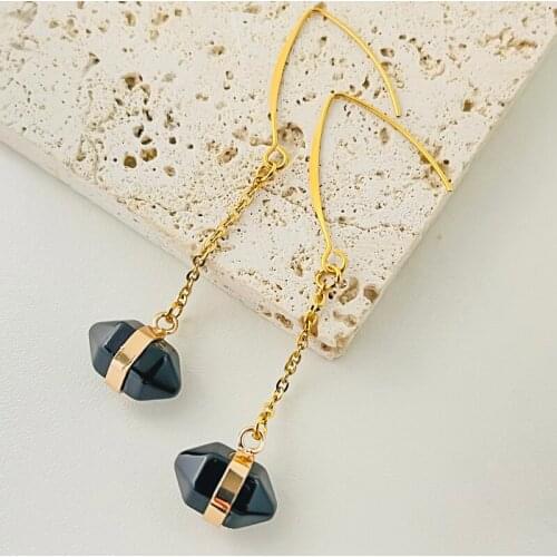 Natural Stone Black Amethyst Earrings Tassel Drop Korean Earrings 2021 Long Crochet Earrings for Women Statement Earrings Trendy