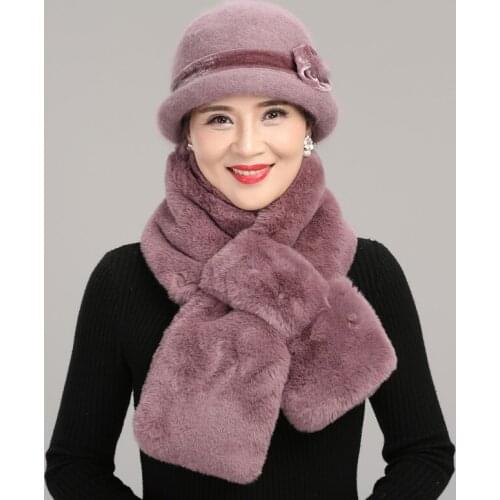 Women Winter Knitted Wool Basin Hat Female Thickened Warm Fisherman Cap Lady Velvet Elegant Scarf for Middle-aged Mother H7158