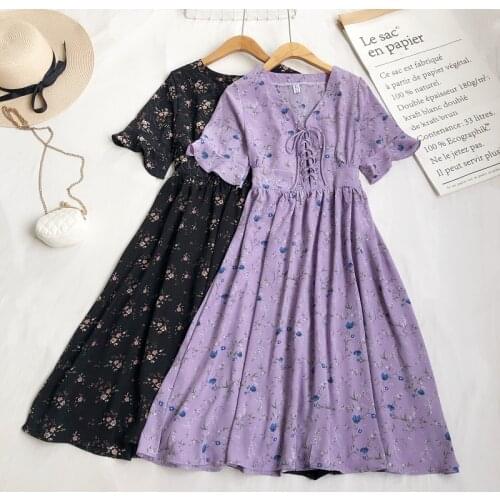 Short Sleeve V-neck Bandage Chiffon Dress Women Summer Fashion Broken Flower Robe New 2021 Ladies Short Sleeve Slim A-line Dress