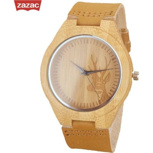2017 Deer Head Design Bamboo Wooden Quartz Watches Men Women Luxury Retro Genuine Leather Wristwatch
