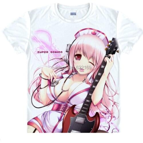 Hot Sale Japanese Super Sonico vocalist Screen printed T-shirts in white, anime T-shirts as casual clothing Cosplay christmas