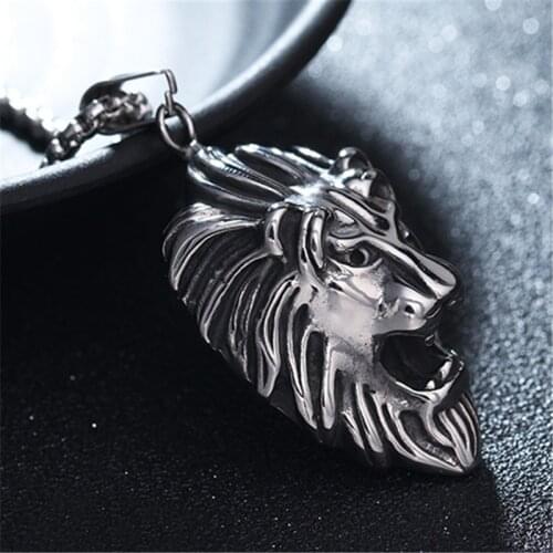 316L Stainless Steel Lion Head Pendant Necklace Punk Rock Men Jewelry Accessories 24inch Chain