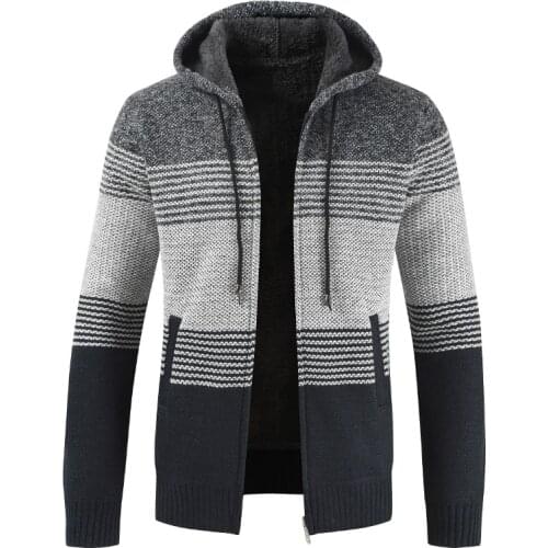 Sweater Coat Men Fad Winter Thick Warm Hooded Cardigan Jumpers Men Striped Wool Liner Zipper Fleece Coats Men