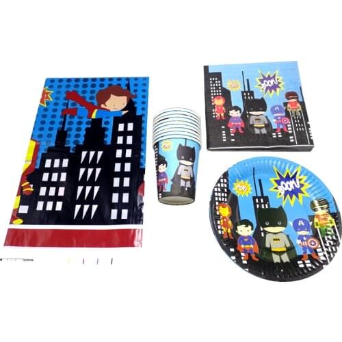 Superhero Theme Tableware Set Kids Boys Favors Plates Cups Birthday Glass Dishes Baby Shower Party Tablecloth Napkins 61pcs/lot