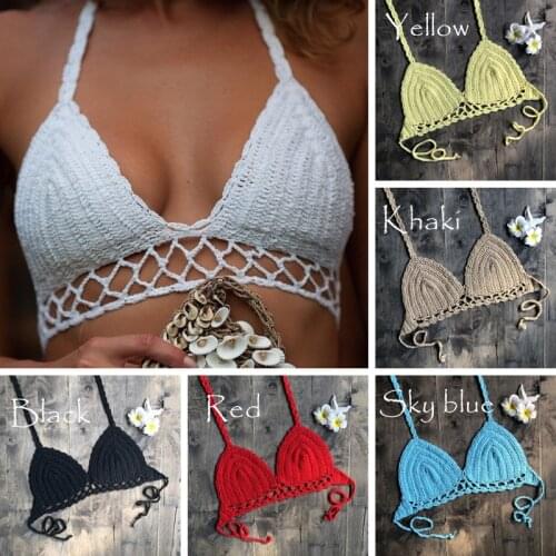 2019 Summer New Sexy Crochet Bikini Crop Tops Beachwear Hollow Out Bikini Bra Strap Vest Hanging Halter Tank Womens Cropped