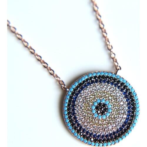 NEW Authentic turquoises turkish evil eye round fashion trendy girl lady micro pave cz fashion necklace