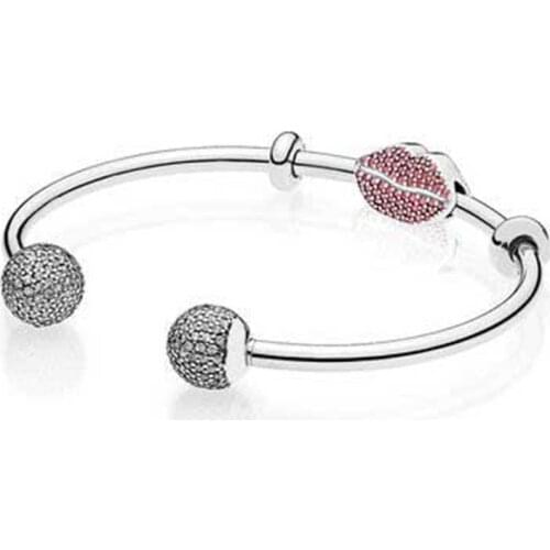 NEW 925 Sterling silver SPARKLING KISS OPEN BANGLE GIFT SET Clear CZ fit DIY Original charm Bracelets jewelry A set of prices