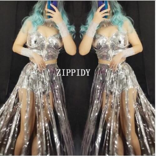 Sexy Sparkly Silver Sequins Bra Fringes Short Dance Outfit Set Women Singer Dancer Wear Shining Stage Costume Birthday Party