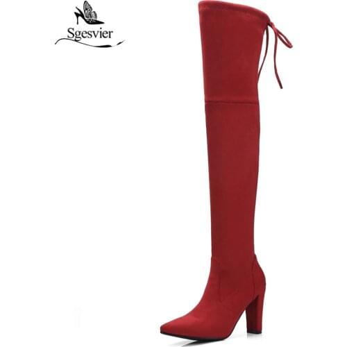 Sgesvier Women Boots Over The Knee Boots Autumn Winter Shoes Thick High Heels Zipper Pointed Toe Elegant Ladies Boots OX689