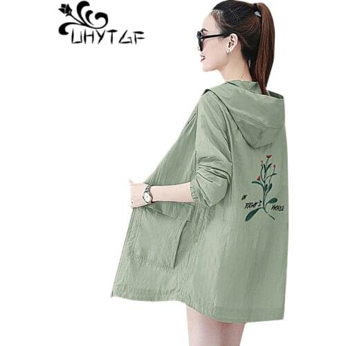 UHYTGF Korean loose 6XL plus size sunscreen clothing fashion embroidery hooded summer coat breathable casual thin top women 1164