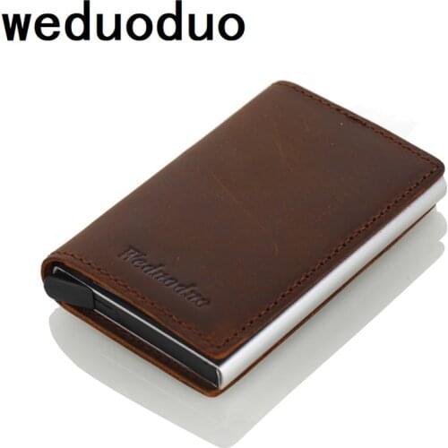 Weduoduo Men Genuine Leather Card Holder RFID Metal Credit Card Holder Anti-theft Men Wallet Automatic Pop Up card case