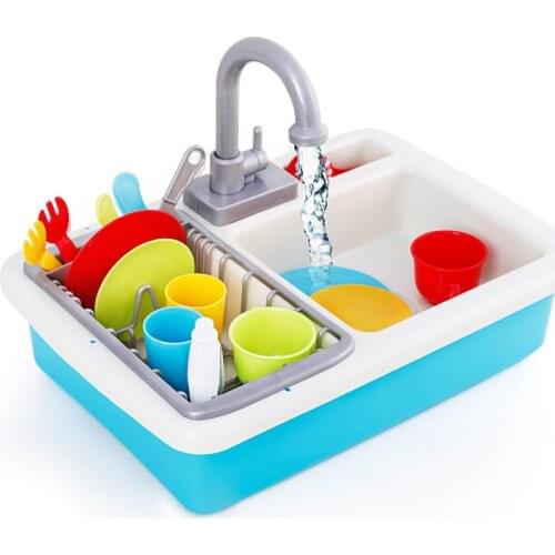 [Funny] Children simulation electronic kitchen sink toy Really flowing water faucet Colorful tableware set play house toy gift