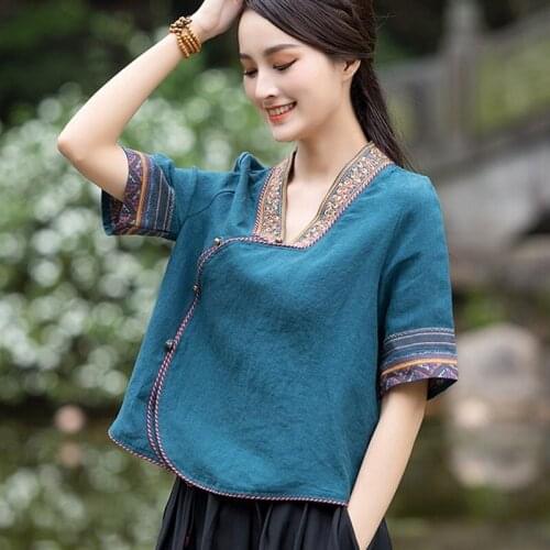 Ladies Chinese Tops Women 2021 Summer T-Shirt-Women Short Sleeve Retro Cheongsam Top Button Chinese Style Clothing Women 30967