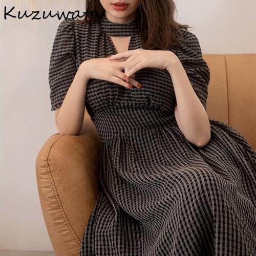 Kuzuwata Japan Style Temperament Dresses 2021 Early Autumn New Fashion Vestidos Stripe V Neck Puff Sleeve Slim Waist Long Robe