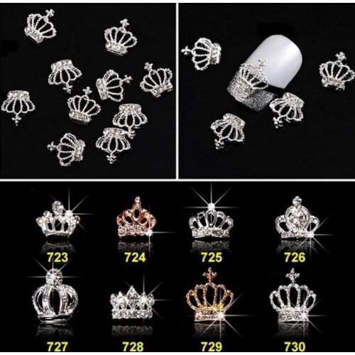 10pcs/Lot 16 Designs 3D Crown Shape Alloy Gold Silver Nail Art Charms Rhinestones Manicure 3D Nail Art Decoration ML723-738