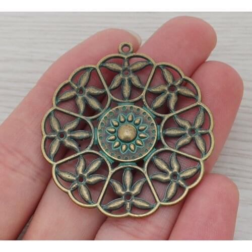 3 x Green Verdigris Patina Large Metal Hollow Flower Round Charms Pendants for Necklace Jewelry Making Findings 47x44mm