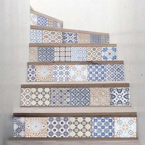 6pcs Flower Design Tile Floor Stair Sticker Bathroom Kitchen Decor Waterproof Mural Decals Adhesive Art Wallpaper