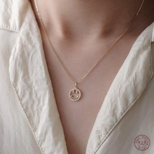 925 Sterling Silver Korean Smiley Face Pendant Clavicle Chain Necklace Women Fashion Plating 14k Gold Jewelry