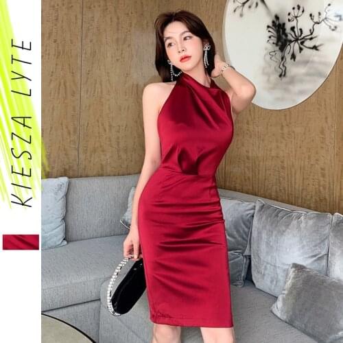 Burgundy Party Dress Women 2021 Spring Summer Luxury Designer High Waisted Halter Sleeveless Cocktail Dress Office Lady Wear