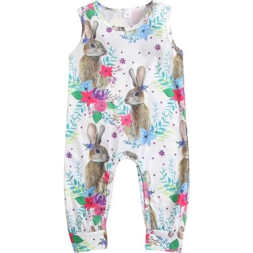 Baby Easter Rabbit Print Romper Girls Sleeveless Crew Neck Long Jumpsuit for Summer 6 Months-3 Years