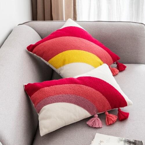 DUNXDECO Cushion Cover Decorative Pillow Case Modern Simple Red Rainbow Cotton Thread Embroidery Sofa Chair Bedding Coussin