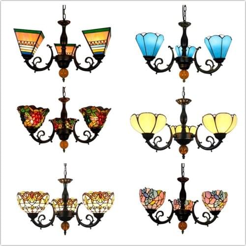 European Creative Mediterranean Stained Glass Lights Restaurant Bedroom Bar Cafe AC110-240V 3-Head Chandelier lamps