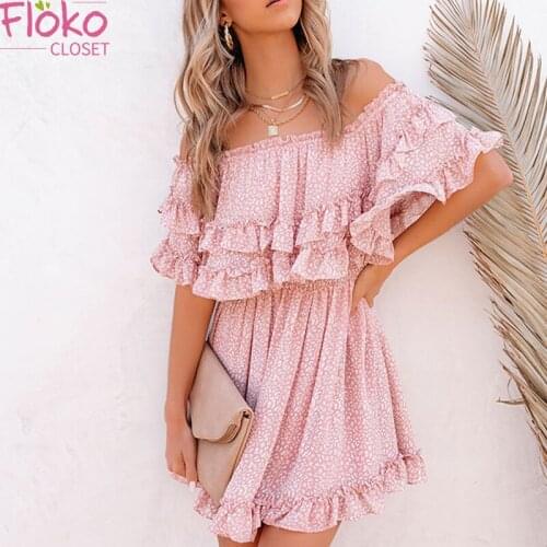 Flokocloset Sexy Off Shoulder Print Chiffon Mini Dress Summer Slash Neck Butterfly Sleeve Party Pink Dress A-LINE Sundreess
