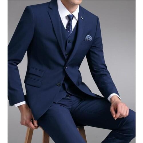 Handsome Two Buttons Navy Blue Groom Tuxedos Groomsmen Notch Lapel Mens Suits Blazers (Jacket+Pants+Vest+Tie) W:1255