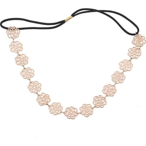 Hot Lovely Metallic Sweet Lady Hollow Rose Flower Elastic Hair Band Headband - Gold