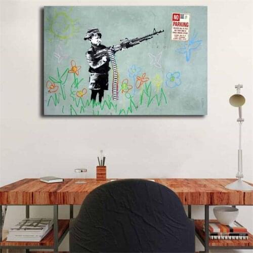 Boy With Gun Graffiti Canvas Painting Street Art Print Bedroom Wall Decor Modern Oil Poster Picture Framework HD