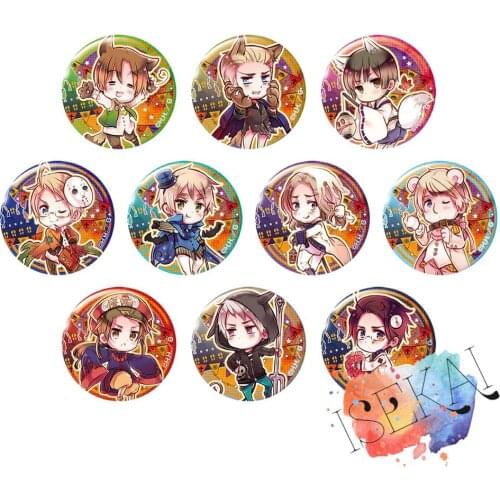 50mm Axis Power HETALIA Anime badge Italy UK USA German France Japan RU Halloween Metal Badge Brooch Pins