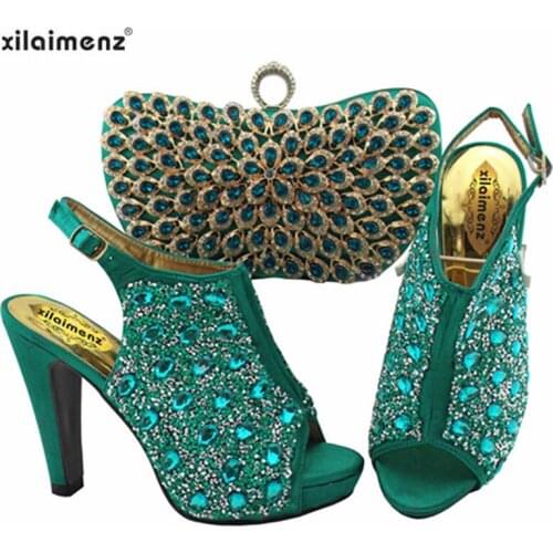 Fashion Spike Heels 2019 New Design Nigerian Shoes and Evening Bag to Match High Quality Decorate with Rhinestone in Teal Color