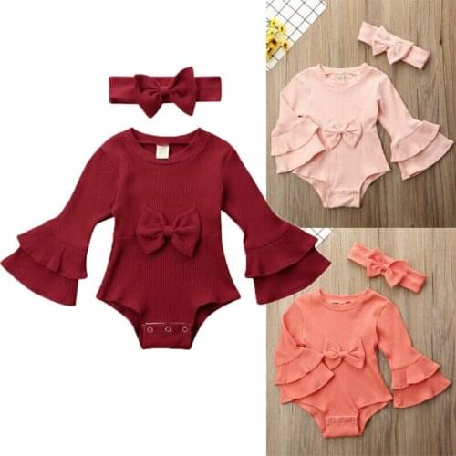 Newborn Infant Baby Girl Ruffles Long Flare Sleeve Romper Jumpsuit Cotton Outfit Solid Kids Suit With Headband