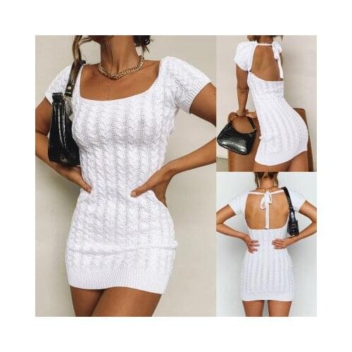Sexy Women 2021 Summer Sold Color Pencil Dress Bandage Decor O-Neck Short Sleeve High Waist Backless Slim Hip Knitted Mini Dress