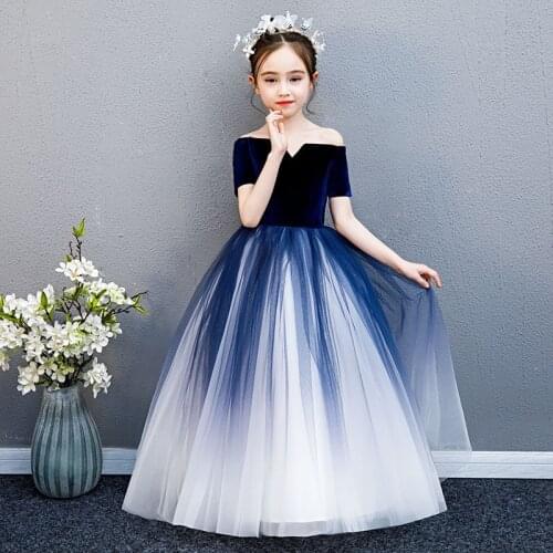 2021 Luxury New Children Girls Elegant Shoulderless Collar Evening Birthday Party Princess Fluffy Dress Kids Piano Host Dresses