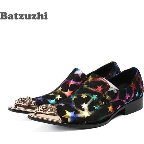 Batzuzhi Luxury Men Shoes Gold Metal Tip Leather Dress Shoes Black Suede with Color Stars Rock Party and Wedding Dress Shoes