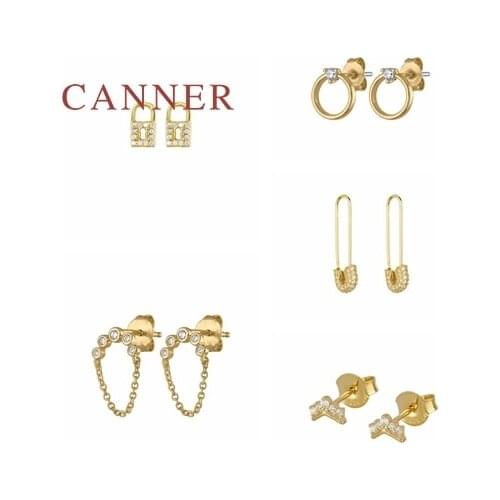 CANNER Real 925 Sterling Silver Earrings For Women Geometric Tassel Chain O Pin Stud Earrings Diamond Korean Jewelry Pendientes
