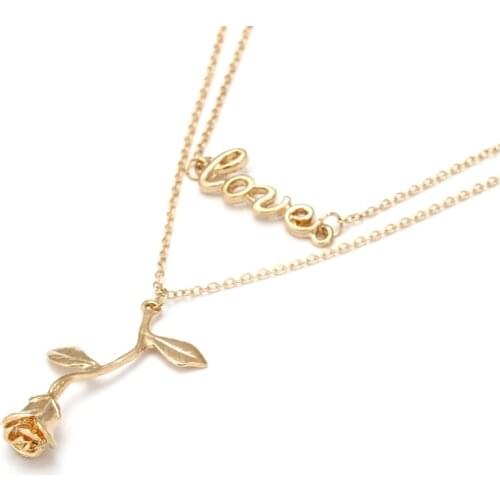 Stereoscopic Letters (LOVE) Rose Flower Pendant Double Necklace for Women Boho Botanical Necklace Glamour Fashion Party Gifts