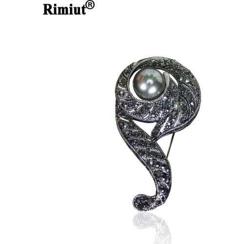 Vintage Dark Silver Plated Flower Brooch Pins Big Pearl Rhinestone Decal Fashion Women Brooch Scarf Buckle Pin Badges Jewelry