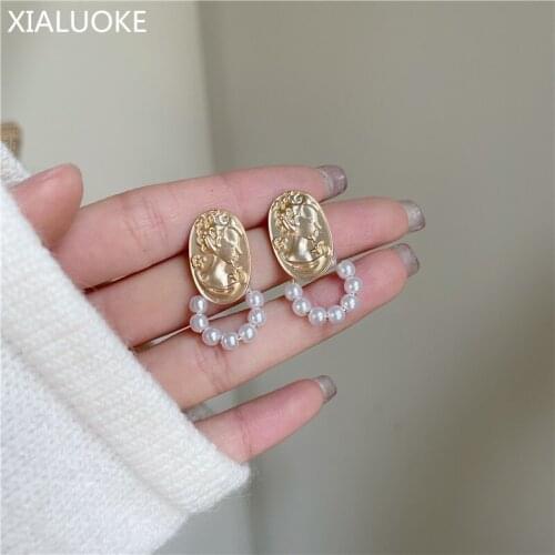 XIALUOKE S925 Needle New Retro Metal Oval Matte Gold Figure Stud Earrings For Women Baroque Pearl Earring Accessories Jewelry